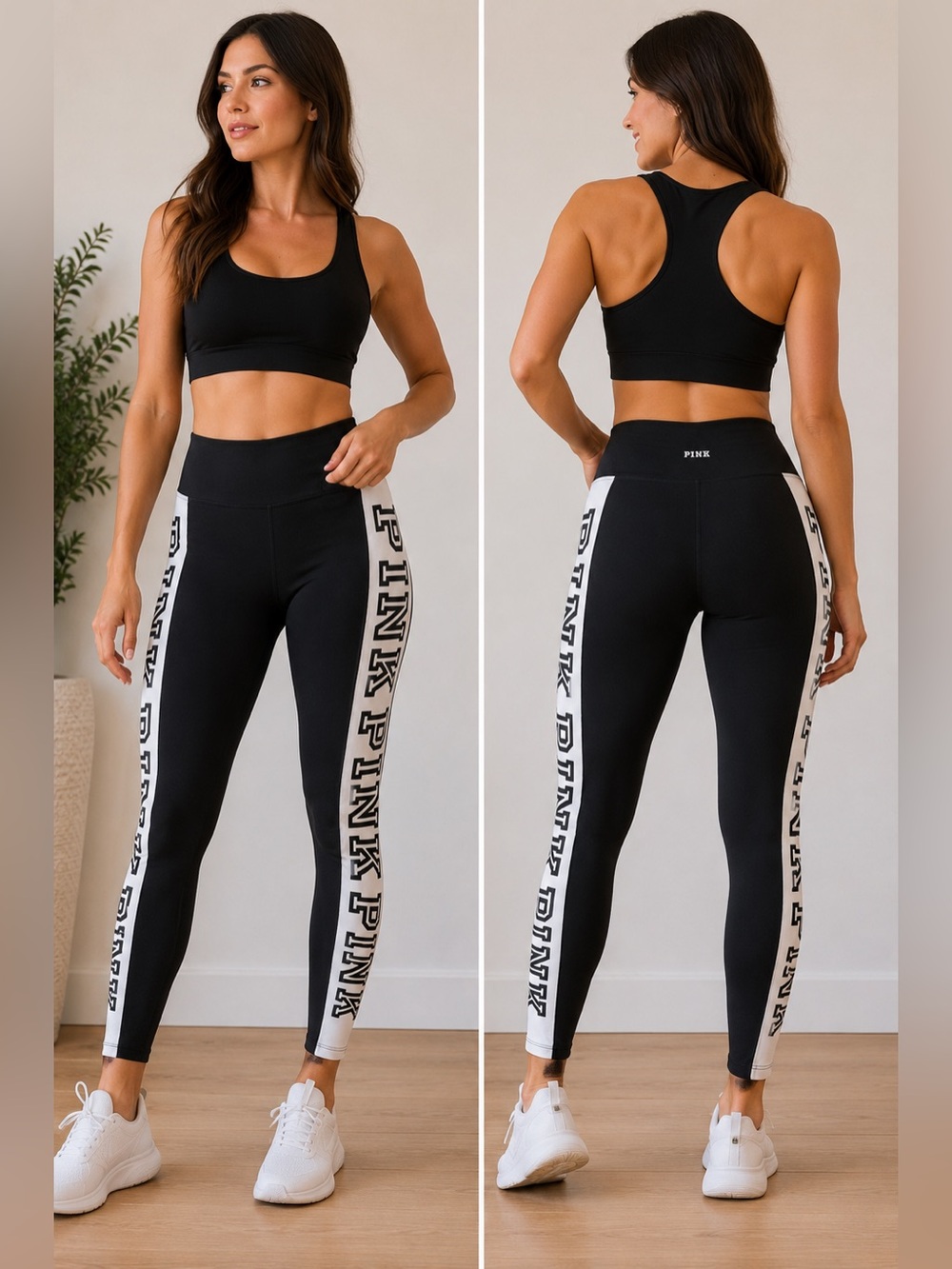 PINK Victoria’s Secret Yoga Leggings Black Logo Side Panel Wide Waistband Size M